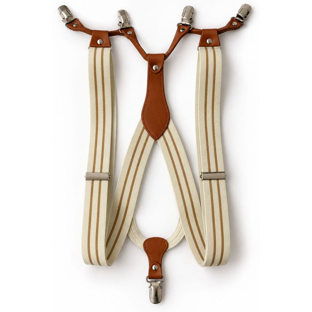 Men’s Suspenders Cream Beige Stripe Brown Faux Leather Adjustable Clip On